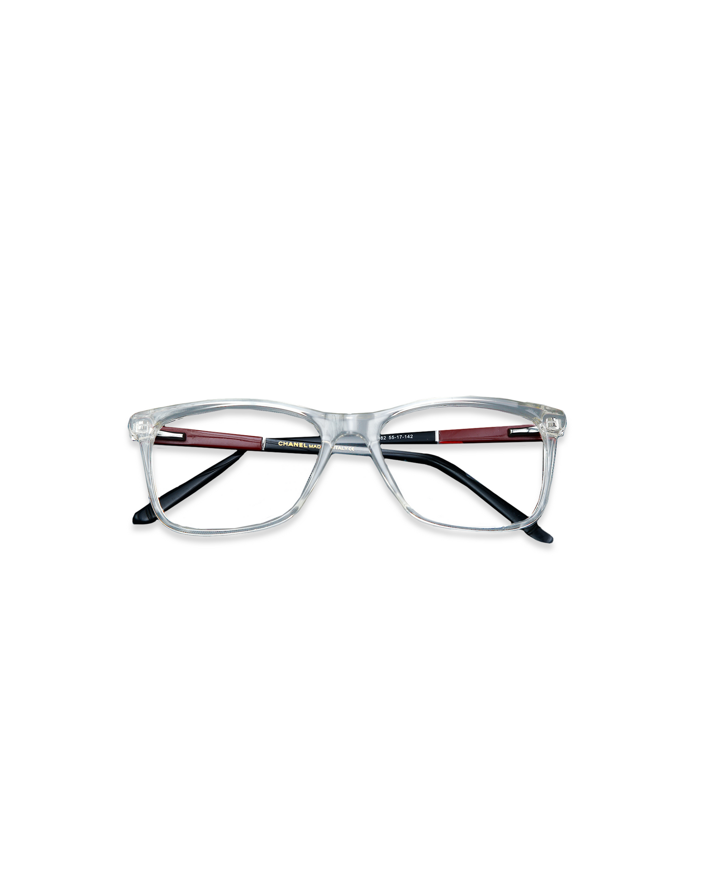 Chanel Transparent Rectangular Eyeglasses with Red & Black Temples
